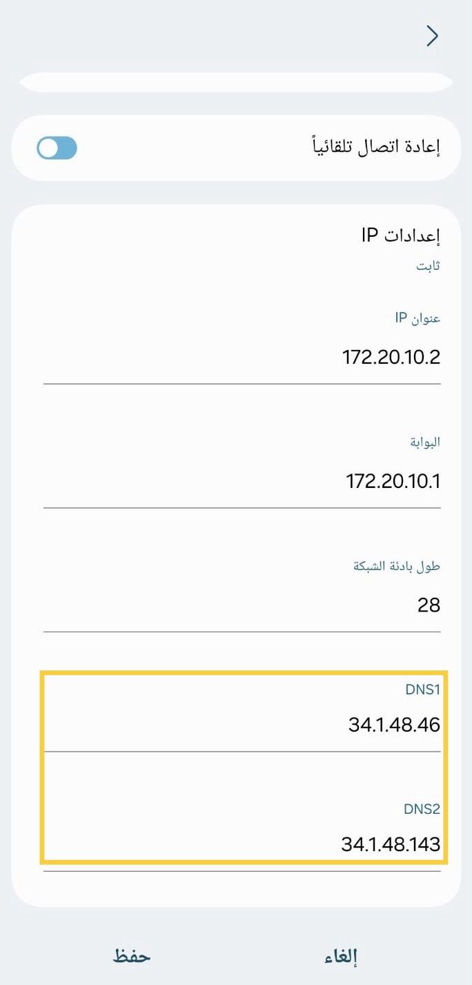 إدخال قيم DNS1 و DNS2