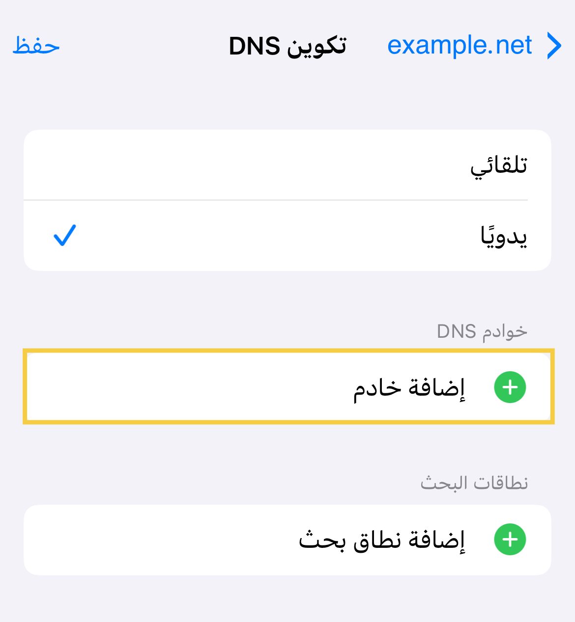 إضافة خادم DNS